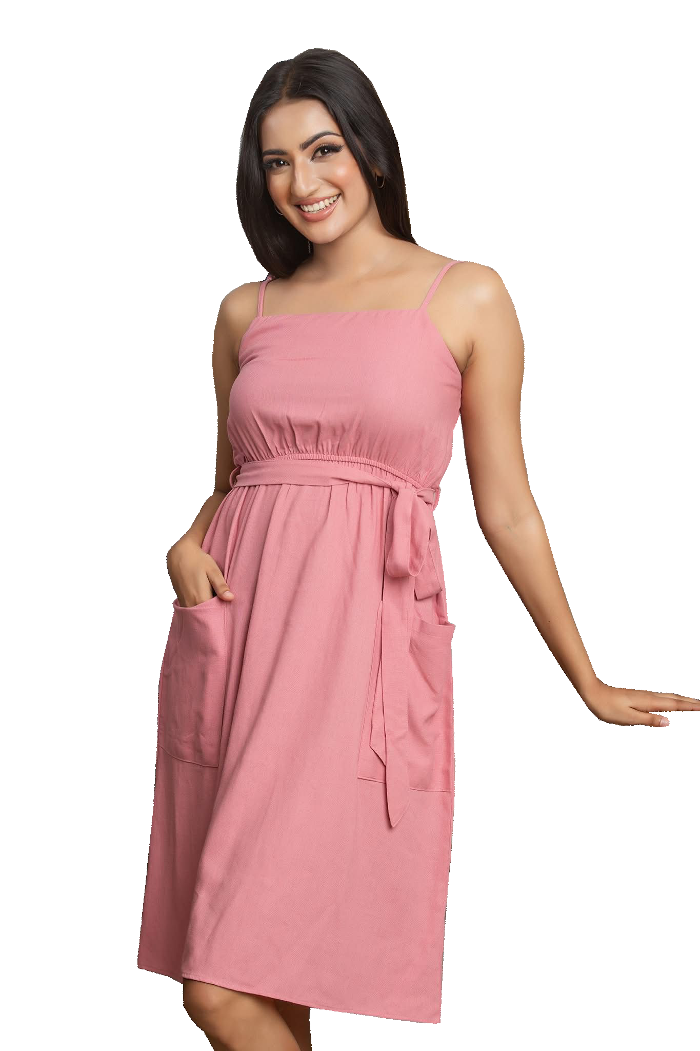 Linen Strap Short Dress - (Light Pink )