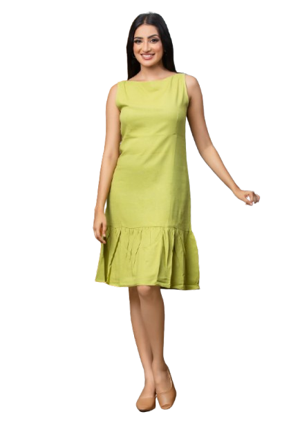 Linen Hem Frill Short Dress - Green